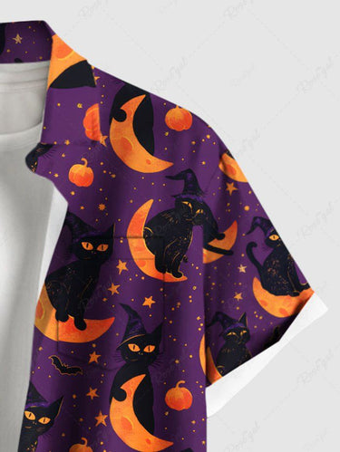 Gothic Plus Size Halloween Moon Cat Fruit Star Print Buttons Pocket Shirt For Men
