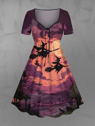 Gothic Plus Size Halloween Moon Bat Cloud Tree Wizard Print Cinched Dress