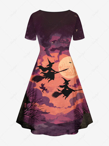 Gothic Plus Size Halloween Moon Bat Cloud Tree Wizard Print Cinched Dress