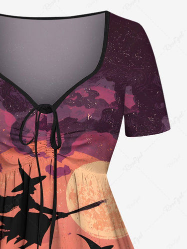 Gothic Plus Size Halloween Moon Bat Cloud Tree Wizard Print Cinched Dress