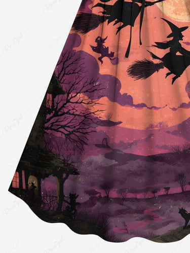 Gothic Plus Size Halloween Moon Bat Cloud Tree Wizard Print Cinched Dress