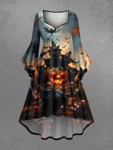 Gothic Plus Size Halloween Pumpkin Bat Cat Print Ruched Flare Sleeves High Low Dress
