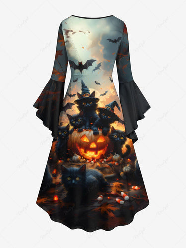 Gothic Plus Size Halloween Pumpkin Bat Cat Print Ruched Flare Sleeves High Low Dress