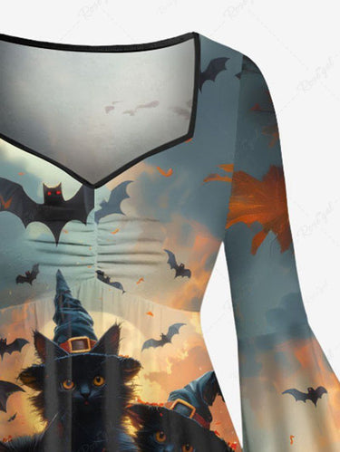 Gothic Plus Size Halloween Pumpkin Bat Cat Print Ruched Flare Sleeves High Low Dress