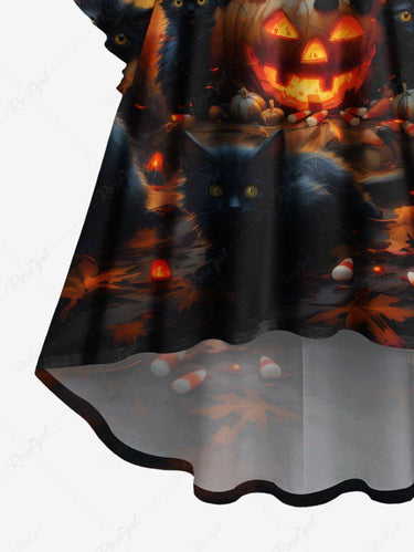 Gothic Plus Size Halloween Pumpkin Bat Cat Print Ruched Flare Sleeves High Low Dress