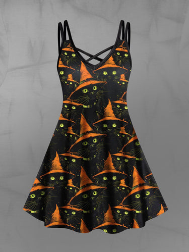 Gothic Plus Size Halloween Hat Cats Print Crisscross Cami Dress