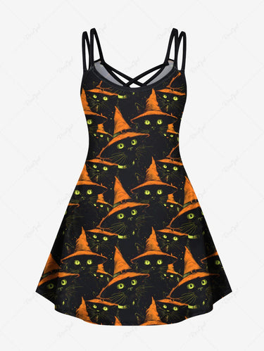 Gothic Plus Size Halloween Hat Cats Print Crisscross Cami Dress