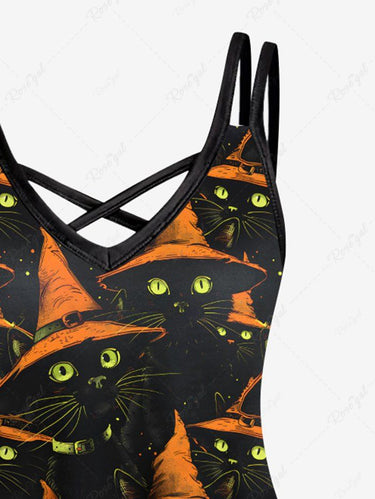 Gothic Plus Size Halloween Hat Cats Print Crisscross Cami Dress