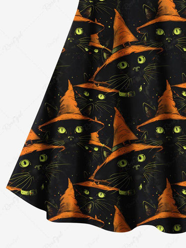 Gothic Plus Size Halloween Hat Cats Print Crisscross Cami Dress