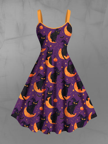 Gothic Plus Size Halloween Moon Cat Fruit Star Print Tank Dress