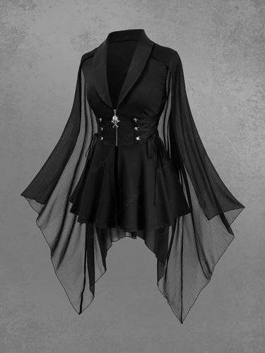 Gothic Plus Size Lace Up Skull Zipper Chiffon Bat Sleeves Coat