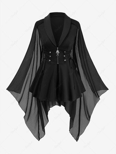 Gothic Plus Size Lace Up Skull Zipper Chiffon Bat Sleeves Coat