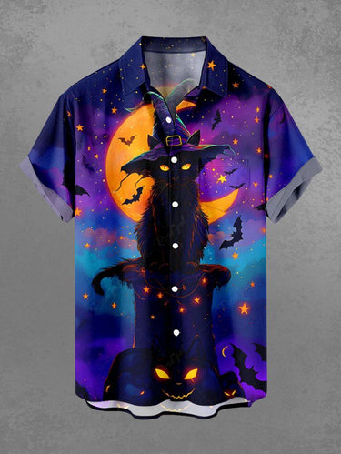 Gothic Plus Size Halloween Pumpkin Cat Moon Bat Star Print Buttons Pocket Shirt For Men