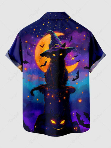 Gothic Plus Size Halloween Pumpkin Cat Moon Bat Star Print Buttons Pocket Shirt For Men