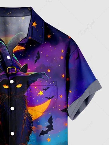 Gothic Plus Size Halloween Pumpkin Cat Moon Bat Star Print Buttons Pocket Shirt For Men