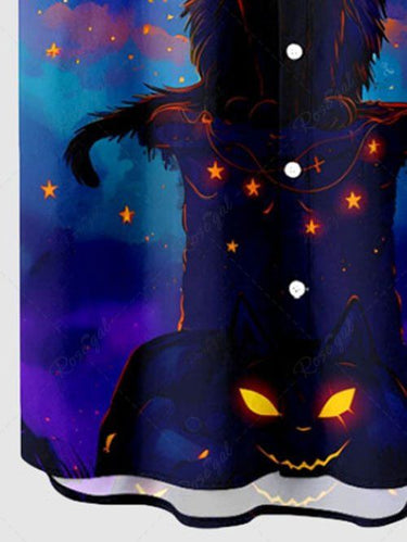Gothic Plus Size Halloween Pumpkin Cat Moon Bat Star Print Buttons Pocket Shirt For Men