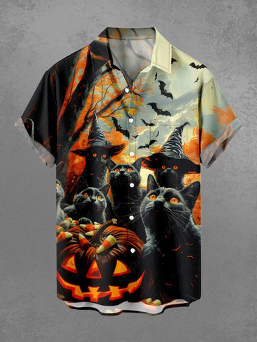 Gothic Plus Size Halloween Pumpkin Cat Bat Tree Print Buttons Pocket Shirt For Men