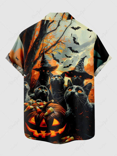 Gothic Plus Size Halloween Pumpkin Cat Bat Tree Print Buttons Pocket Shirt For Men