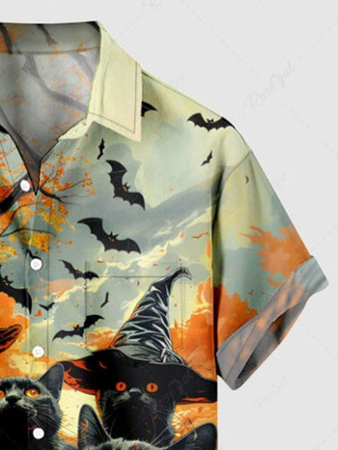 Gothic Plus Size Halloween Pumpkin Cat Bat Tree Print Buttons Pocket Shirt For Men