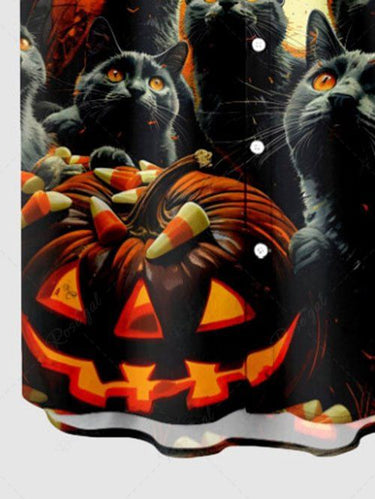 Gothic Plus Size Halloween Pumpkin Cat Bat Tree Print Buttons Pocket Shirt For Men