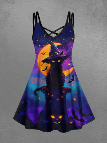 Gothic Plus Size Halloween Pumpkin Cat Moon Bat Star Print Crisscross Cami Dress