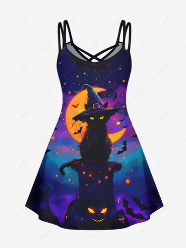 Gothic Plus Size Halloween Pumpkin Cat Moon Bat Star Print Crisscross Cami Dress