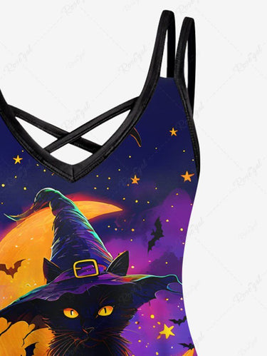 Gothic Plus Size Halloween Pumpkin Cat Moon Bat Star Print Crisscross Cami Dress