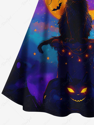 Gothic Plus Size Halloween Pumpkin Cat Moon Bat Star Print Crisscross Cami Dress