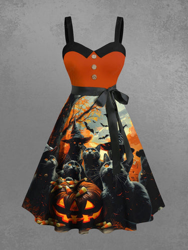 Gothic Plus Size Halloween Pumpkin Cat Bat Tree Print Buttons Turn Down Collar Dress With Belt