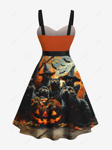 Gothic Plus Size Halloween Pumpkin Cat Bat Tree Print Buttons Turn Down Collar Dress With Belt