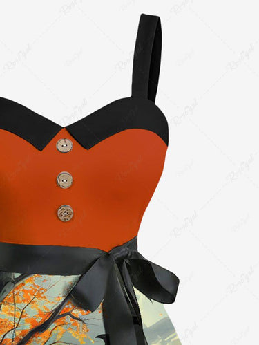 Gothic Plus Size Halloween Pumpkin Cat Bat Tree Print Buttons Turn Down Collar Dress With Belt