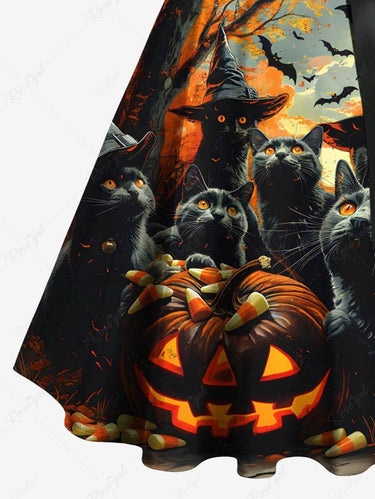 Gothic Plus Size Halloween Pumpkin Cat Bat Tree Print Buttons Turn Down Collar Dress With Belt