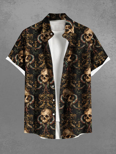 Gothic Plus Size Halloween Skulls Octopus Print Buttons Pocket Shirt For Men
