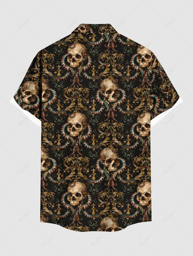 Gothic Plus Size Halloween Skulls Octopus Print Buttons Pocket Shirt For Men