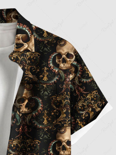 Gothic Plus Size Halloween Skulls Octopus Print Buttons Pocket Shirt For Men