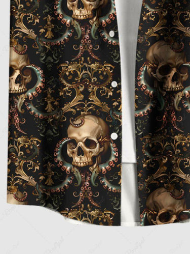 Gothic Plus Size Halloween Skulls Octopus Print Buttons Pocket Shirt For Men