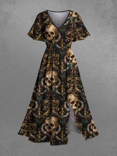 Gothic Plus Size Halloween Skulls Octopus Print Split Midi Dress