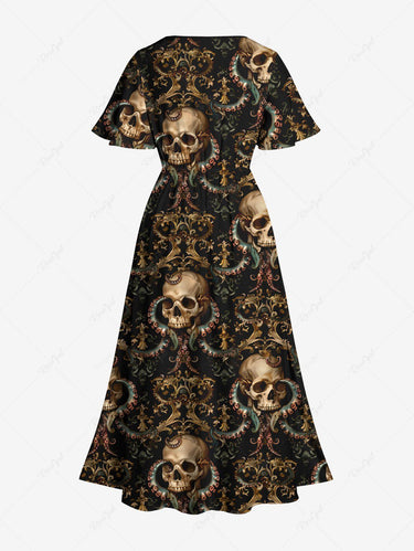 Gothic Plus Size Halloween Skulls Octopus Print Split Midi Dress