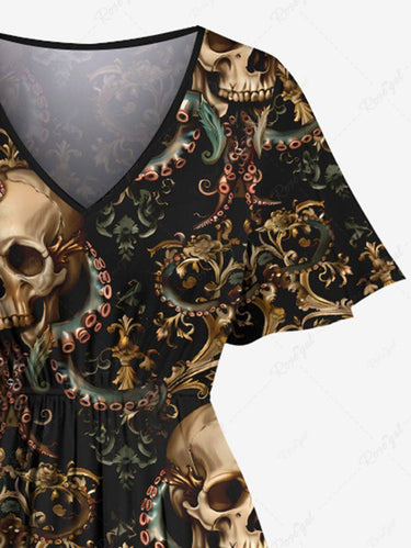 Gothic Plus Size Halloween Skulls Octopus Print Split Midi Dress