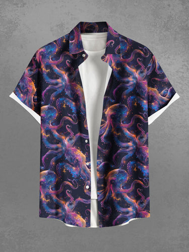 Gothic Plus Size Colorful Octopus Print Buttons Pocket Shirt For Men