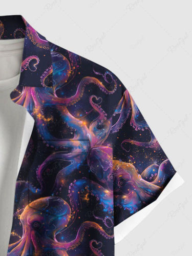 Gothic Plus Size Colorful Octopus Print Buttons Pocket Shirt For Men