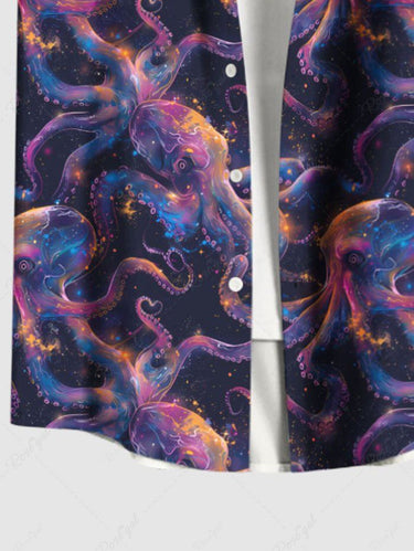 Gothic Plus Size Colorful Octopus Print Buttons Pocket Shirt For Men