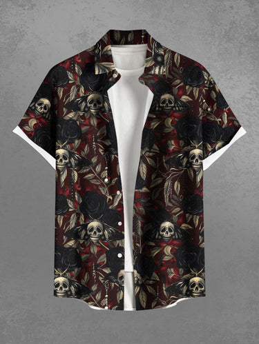 Gothic Plus Size Skulls Rose Flowers Leaf Print Buttons Pocket Shirt For Men