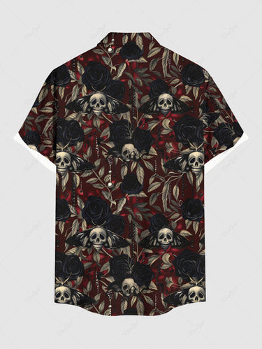 Gothic Plus Size Skulls Rose Flowers Leaf Print Buttons Pocket Shirt For Men