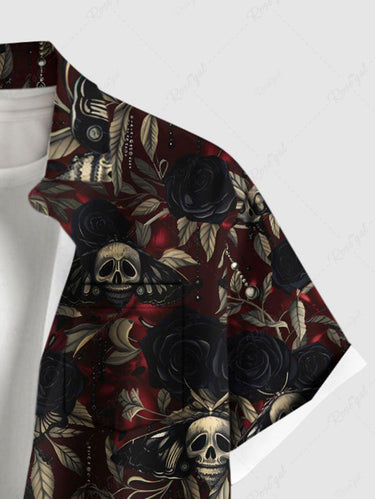 Gothic Plus Size Skulls Rose Flowers Leaf Print Buttons Pocket Shirt For Men