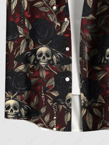 Gothic Plus Size Skulls Rose Flowers Leaf Print Buttons Pocket Shirt For Men
