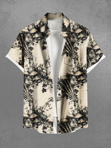 Gothic Plus Size Skeleton Claw Mushroom Flowers Print Buttons Pocket Shirt For Men