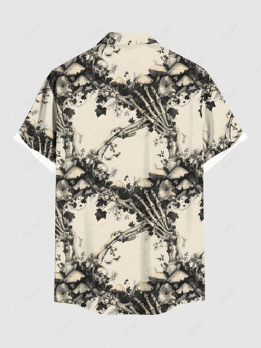 Gothic Plus Size Skeleton Claw Mushroom Flowers Print Buttons Pocket Shirt For Men