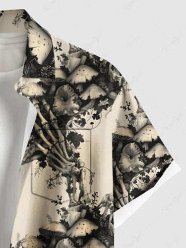 Gothic Plus Size Skeleton Claw Mushroom Flowers Print Buttons Pocket Shirt For Men