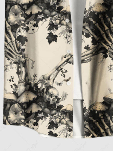 Gothic Plus Size Skeleton Claw Mushroom Flowers Print Buttons Pocket Shirt For Men